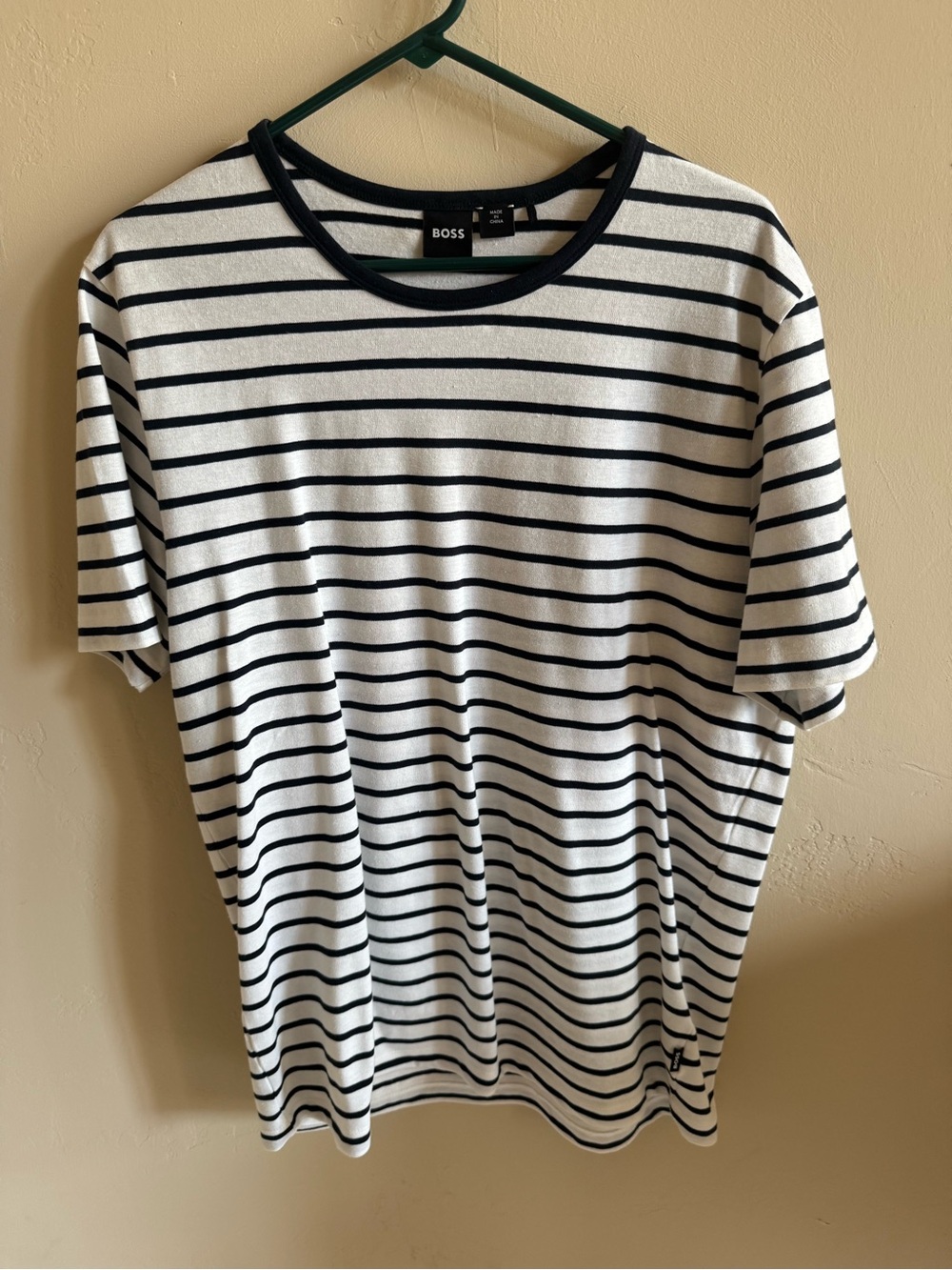BOSS White Tee with Black Horizontal Stripes
